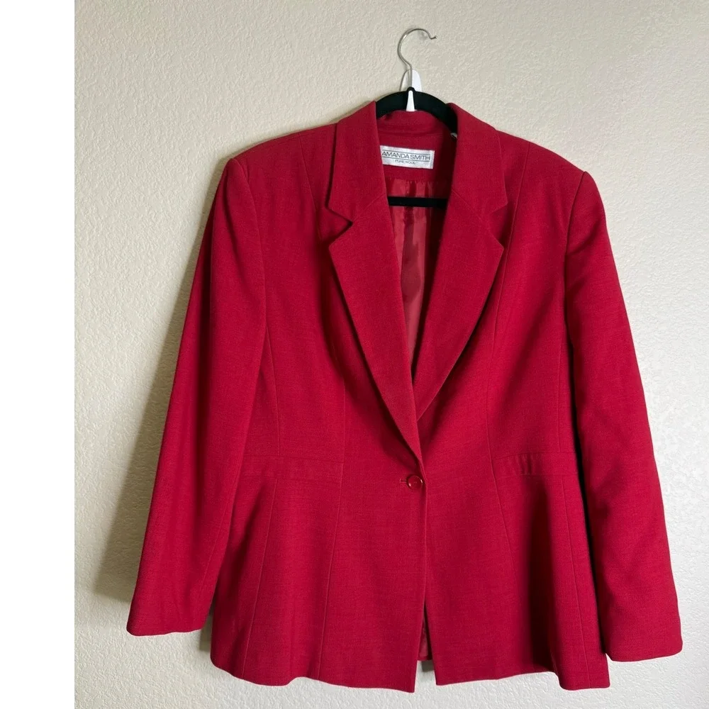 Amanda Smith‎ Womens 14 Skirt Suit Red Pure Wool Blazer Pencil Skirt 2 Piece Set